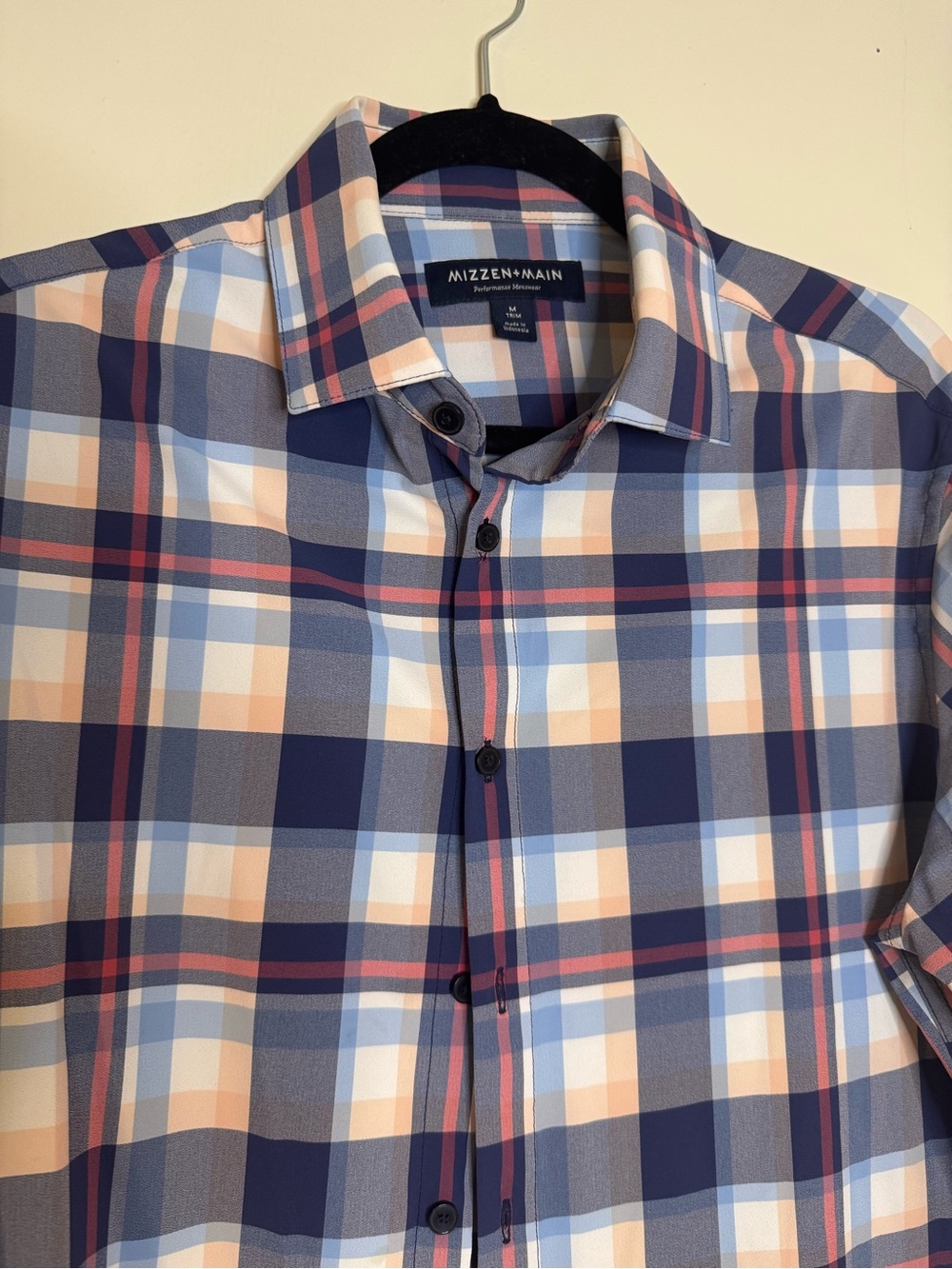 Mizzen+Main Leeward Men’s M Trim Fit Blue Peach Plaid Performance Shirt